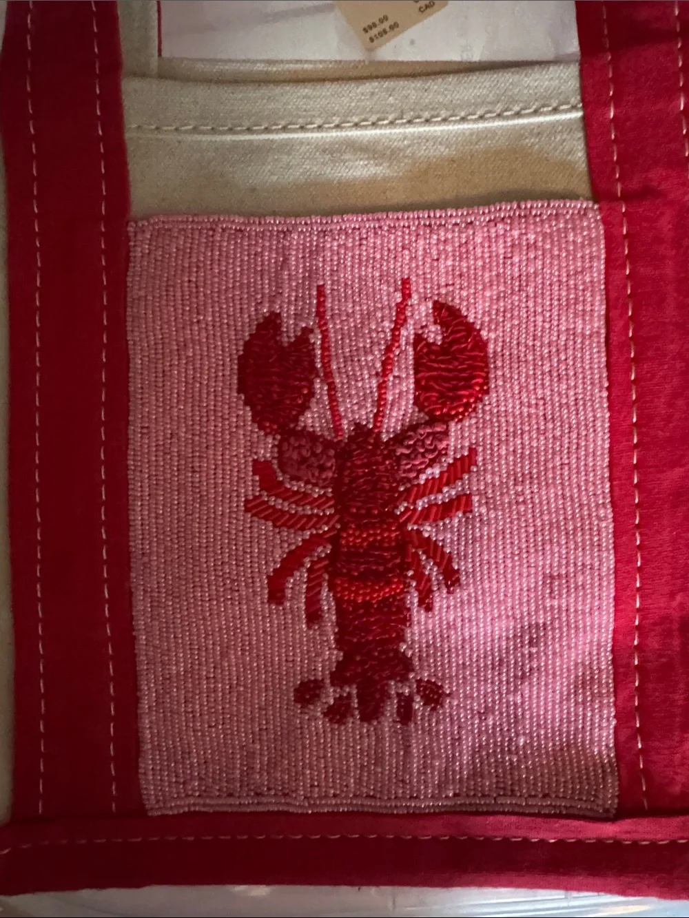 Anthropologie Pink & Red beaded Lobster Canvas Tote Bag